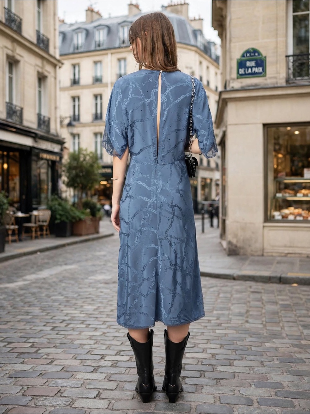 Zadig & Voltaire Rey Silk Mid-Length Dress Slate Blue Printed Sz Medium - Picture 3 of 13